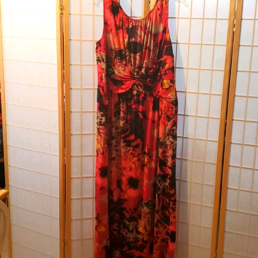 Red/Fushia/Tan Sleeveless Maxi Dress